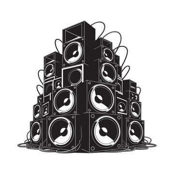 A towering stack of black speakers a graphic illustration of sound systems