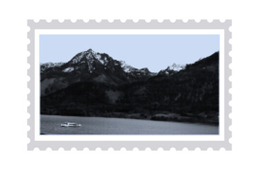 A paper postage stamp depicting snow-covered mountains, a boat on a river. Mountain peaks, rocky stones, landscape. Contemporary art, philatelic, the environment on a postage stamp. Halftone vector.