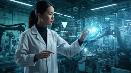An Asian woman in a lab coat interacts with holographic data displays in a futuristic factory with robotic arms and machinery - Powered by Adobe