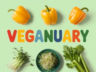 Veganuary concept with vegetables and sprouts on light green background