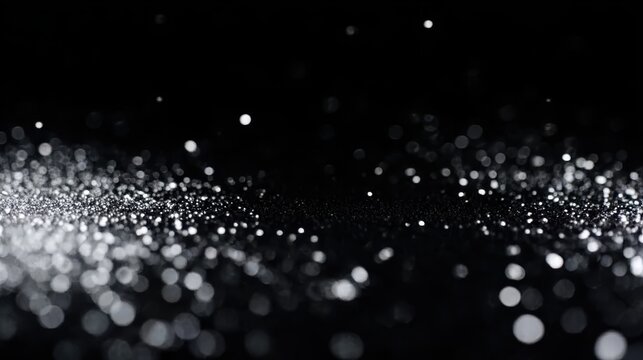 Blurred silver sparkle bokeh effect on a dark backdrop, perfect for New Year's Eve visuals, party invitations, or glamorous design elements.