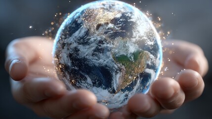 Hands Gently Holding a Glowing Earth, Symbolizing Care for Nature and the Environment in a Touching and Artistic Representation