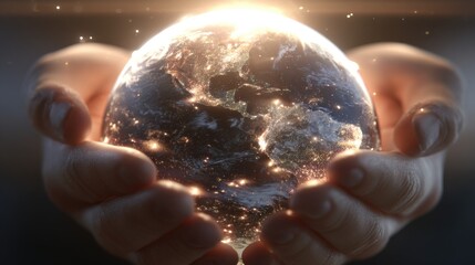 Two hands gently cradling a glowing Earth globe, symbolizing sustainability, care, and hope for the future of our planet.