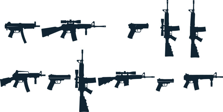 Set of black military gun silhouettes featuring assault rifles submachine guns and pistols vector illustration collection isolated on white background for army war design projects