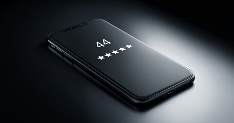 Modern smartphone displaying a five-star rating and number 44 on a reflective dark surface with dramatic lighting and sleek design