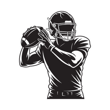 American football player poised to throw a detailed black and white illustration
