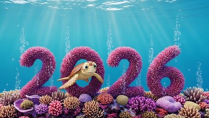 Cute Sea Turtle and Coral Forming the Year 2026 Underwater