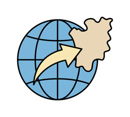 Globo terráqueo azul con mapa de región y flecha curva de movimiento por la migración