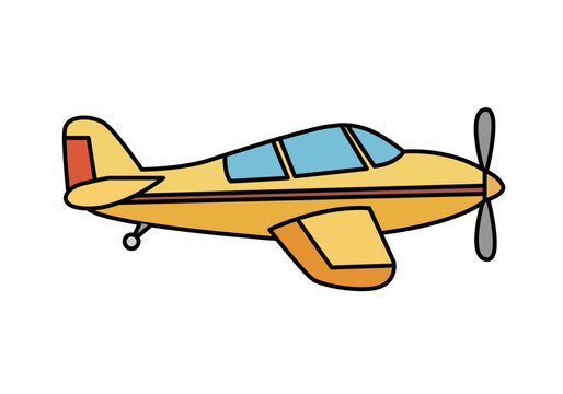 Avi&oacute;n de h&eacute;lice amarillo en estilo plano con contorno negro