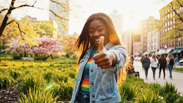 Cheerful young woman with long dark hair smiles and gives a thumbs up in a sunny park setting.
