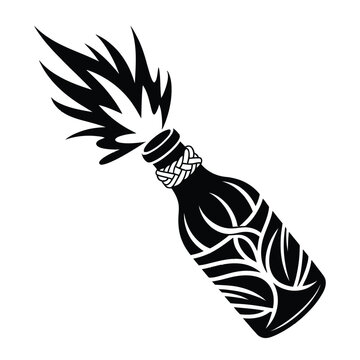 Black and white illustration of a molotov cocktail with tribal designs