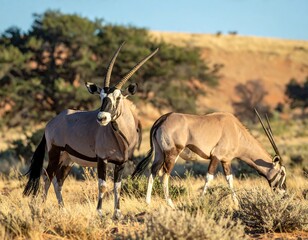 Fototapeta premium Two Oryx antelopes graze peacefully in the African savanna. Sunny lighting and natural backdrop