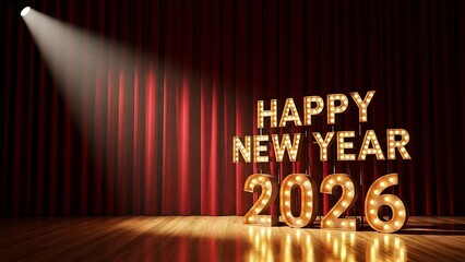 Happy New Year 2026 Marquee Lights on Stage with Red Curtains theater
