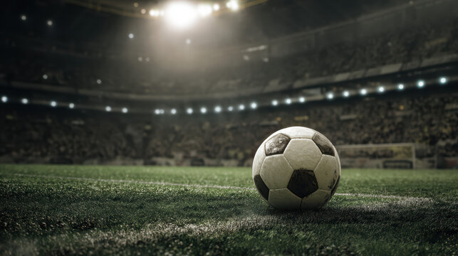 Soccer ball rests on the corner of a vibrant stadium field illuminated by bright lights, with a crowd of fans blurred in the background du a nighttime match.