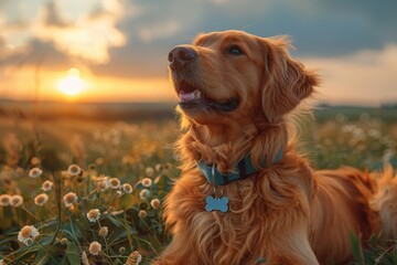 A beautiful golden retriever dog enjoys a peaceful sunset in a vibrant field of wildflowers. Capture the warmth and joy of this idyllic scene.