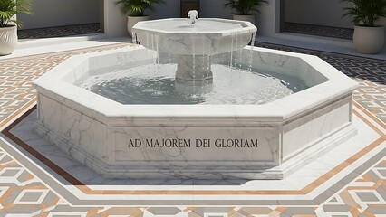 Octagonal Marble Fountain with Water Flowing and Latin Inscription stone architecture