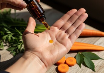 Pouring botanical carrot oil onto open palm