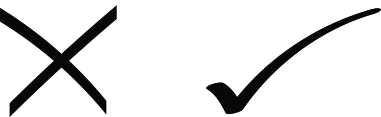 Hand drawn check mark and cross X icon set. Black brush stroke yes and no symbols. Calligraphy vote signs.