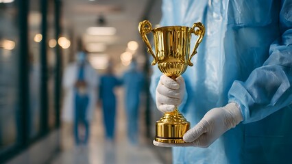 Medical Victory Healthcare Worker Holding a Trophy