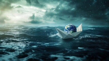 Fragile Planet Earth in a paper boat navigates a vast, stormy ocean under a dramatic sky.