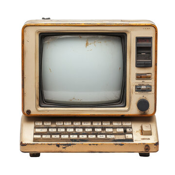 Early 2000s beige CRT monitor isolated on a white background