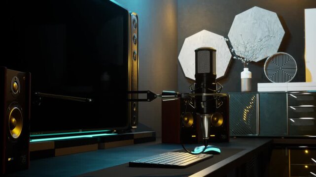 Professional Microphone and Modern Streaming, Podcasting Desk Setup with Speakers and Monitor in Dark Room