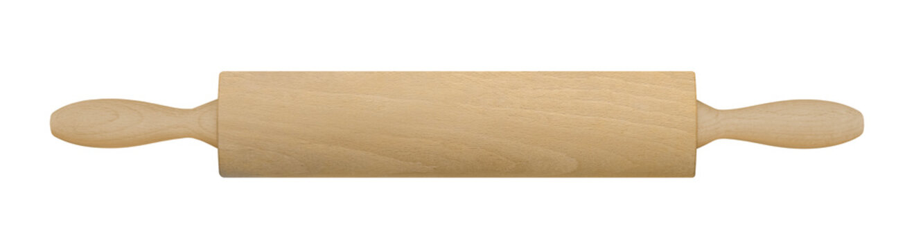 A rolling pin is used to roll out dough for baked goods or pizza isolated on white background