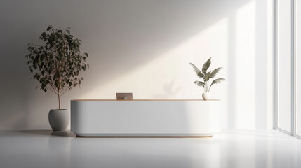 Real estate office white reception counter mockup front interior registration copy space desk design indoor decoration front view decoration three-dimensional