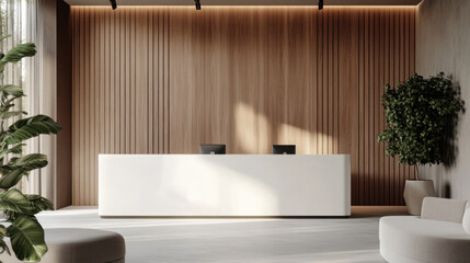 Real estate office reception counter mockup front interior registration copy space desk design indoor decoration front view decoration three-dimensional