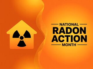 National radon action month awareness campaign logo with radiation symbol and house icon on orange background