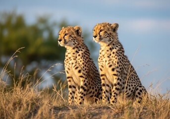 Two young cheetah cubs sitting in dry grass in the african savanna during golden hour, looking alertly in the same direction