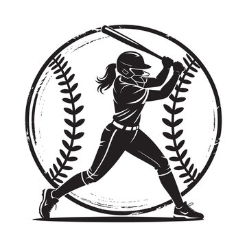 A dynamic silhouette of a female softball player swinging a bat