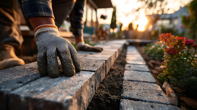 Faceless landscaper man laying interlocking paving stones creating new backyard patio defocused garden background wearing protective gloves work clothes outdoor hardscaping