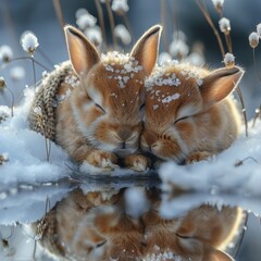 Obraz premium A tranquil winter landscape showcases a fox with snow-covered ears resting on a frozen lake, complemented by white flowers and natural branches.