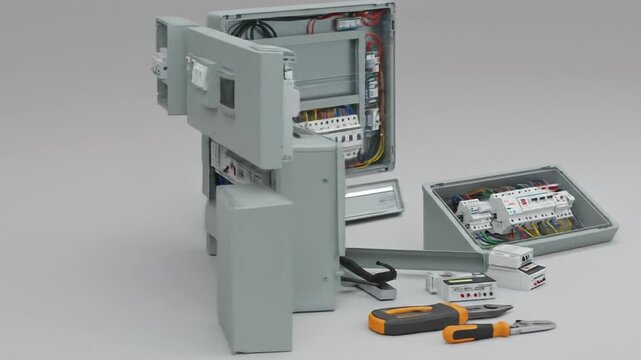 A 3D rendered composition showcases electrical panels, wires, circuit breakers, outlets, and tools. Various boxes are open, revealing internal components
