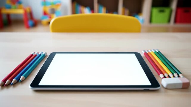 Blank notebook with colored pencils, school and education background