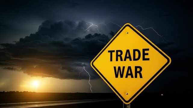Yellow Trade War Warning Sign Against Dark Stormy Sky with Lightning Strikes and Sunset Glow