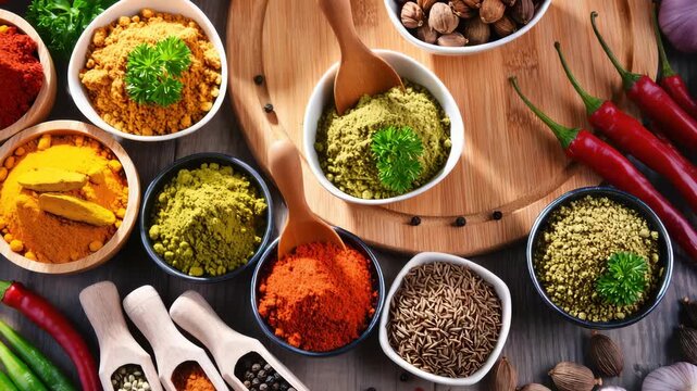 Assortment of ground spices, seeds, chili peppers and herbs arranged in bowls and scoops on a wooden surface. Bright, flavorful ingredients for cooking. Top view with vivid colors.