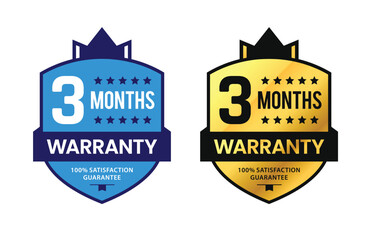 3 Month Warranty badge with unique gold shield and ribbon. For label, icon, seal, sign, stickers, tags, logo, symbol, stamp, template. Vector illustration