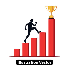 Determined person running up a success ladder to reach the golden trophy illustration.