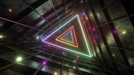 Abstract neon glowing triangular tunnel loop animation. Futuristic geometric light passage with vibrant colors and endless perspective, perfect for modern digital backgrounds. - Powered by Adobe