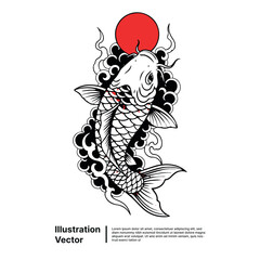 Dynamic vector illustration of a koi fish with flowing waves and a vibrant red sun