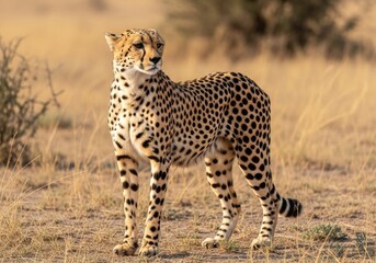 Naklejka premium A cheetah stands alert in the dry savanna landscape, its spotted coat blending with the arid environment under the warm sun
