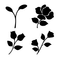 Floral silhouettes: rose bloom, buds, and sprout growth
