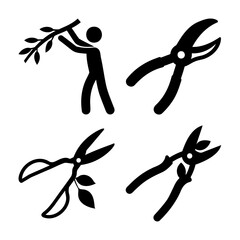 Gardening and pruning tools with person trimming branch