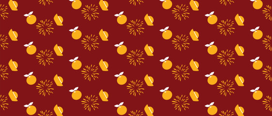 Seamless Chinese New Year pattern with oranges, fireworks and traditional Chinese headwear on red background