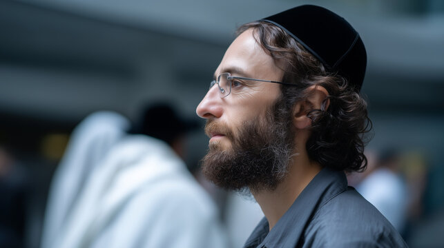 an adult Hasidic Jewish man during communal prayer. The composition is framed from the side and slightly behind the main subject, foc