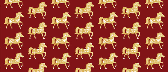 Materiał do szycia Seamless Chinese New Year pattern with horse symbol of 2026 on red background, traditional lunar new year decorative background