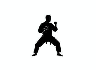 Person in martial arts fighting stance for self defense combat training karate kung fu defensive position athletic power branding design