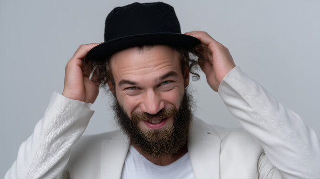 an Orthodox Jewish man captured in a lively, expressive moment against a clean white background. The subject is positioned centrally and shown from